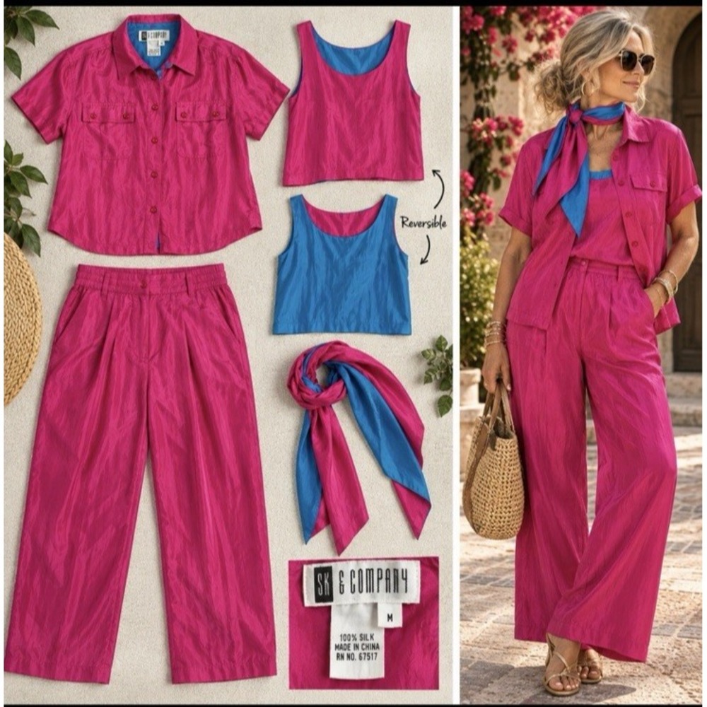 Vintage 90s 100% Silk 4 Pc Set Fuchsia Pink Tank Blouse Pants Jacket M Boho